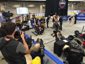 Top-ranked prospect Auston Matthews rides the bike in Buffalo on Saturday. “You hit a wall about 15 seconds in,” the centre said. (Lance Hornby/Toronto Sun)