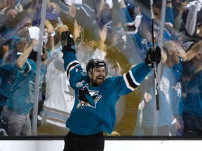 Joonas Donskoi of the San Jose Sharks celebrates his game-winning goal against the Pittsburgh Penguins at the SAP Center in San Jose on June 4, 2016. (Getty)