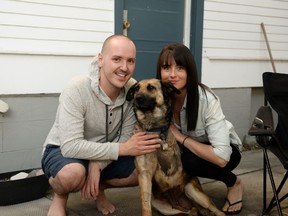 Liam Brennan and his fiance Kaitlan Murphy say Stella, who had a leg amputated, is doing great after they adopted her from the Winnipeg Humane Society. The dog was brought to the shelter after she was found with a bear trap on her paw, (Submitted photo)