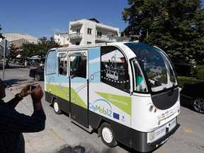 This October 2015 photo shows a CityMobil2 driverless bus which was given a trial in Trikala, Greece. (AP PHOTO)