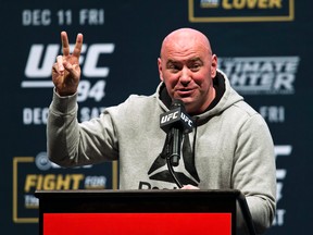 UFC President Dana White during a UFC 194 news conference at the MGM Grand Garden Arena in Las Vegas on Dec. 9, 2015. (L.E. Baskow/Las Vegas Sun via AP)