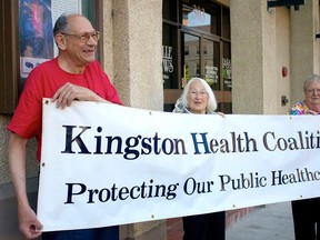 Matthew Gventer, Helga Mankovitz and Marilyn Birmingham represent the Kingston Health Coalition, promoting Saturday's referendum on Tuesday May 24 2016. Victoria Gibson For the Kingston Whig-Standard/Postmedia Network