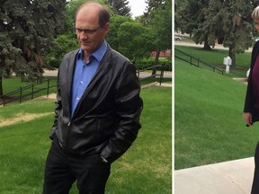 This combination photo shows Curtis Vey, left, and Angela Nicholson arriving at court in Prince Albert, Sask. on May 24, 2016. A jury found the pair guilty of plotting to kill their spouses. THE CANADIAN PRESS/Jennifer Graham