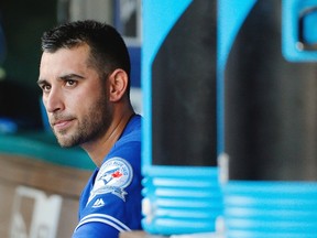 Toronto Blue Jays' Marco Estrada sits in the dugout in the first inning against the Texas Rangers in Arlington on May 14, 2016. (AP Photo/Tony Gutierrez)