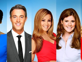 (L to R): Anne-Marie Mediwake and Ben Mulroney (hosts), along with co-anchors Melissa Grelo (late morning anchor), Lindsey Deluce (news anchor) and Kelsey McEwen (weather anchor)