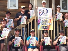 The Mitchell District High School (MDHS) slopitch team captured the ‘AA’ championship in Dochester at the end of May. Team members are (back row, left to right): Maggie McDonnell, Dan Walker (coach), Fred Kindler (coach), Dani Hanson, Madi Larivee, Rachel McLaughlin, Kylie Ward and Sarah Skinner. Front row (left) Lindsay Babb, Ashleigh Jordan, Lindsay Harmer, Erin Taylor and Sara McLaughlin. Absent was Erica Babb. SUBMITTED