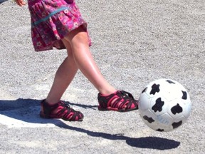 A little unsure of herself, Roxie Vandervelde gave the ball a little tap during a soccer/baseball game with the grade fives as part of the Jump Rope for Heart Activities at Upper Thames Elementary School (UTES) last Wednesday, June 1. GALEN SIMMONS MITCHELL ADVOCATE