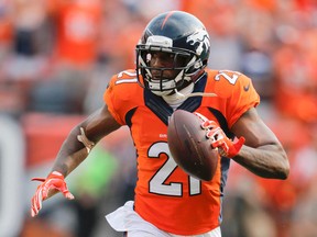 In this Sept. 13, 2015, file photo, Denver Broncos cornerback Aqib Talib scores against the Baltimore Ravens in Denver. (AP Photo/Jack Dempsey, File)