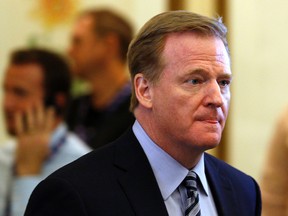 In this Tuesday, May 24, 2016 file photo, NFL commissioner Roger Goodell makes his way into the NFL owner's meeting in Charlotte N.C.  Goodell reaffirmed the league's commitment to concussion research in a letter Thursday, May 26, 2016,  to the 32 team owners. (AP Photo/Bob Leverone, File)