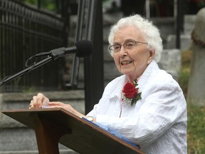 Author and historian Donna Ivey addresses the audience at the grave of Sir John A. Macdonald in Kingston, Ont. on Monday, June 6, 2016, during a ceremony to mark the 125th anniversary of his death. (Michael Lea/The Whig-Standard)