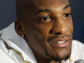 This Feb. 2, 2016 file photo shows Denver Broncos cornerback Aqib Talib speaking to reporters in Santa Clara, Calif. The Denver Broncos say the star cornerback is recovering after being shot in the leg at a Dallas nightclub, Sunday, June 5, 2016. (AP Photo/Jeff Chiu, file)