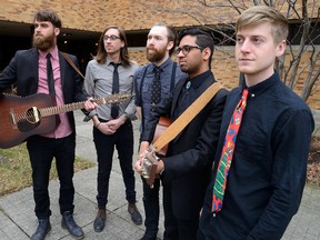 Members of Mountain of Wolves ? from left, Mark Kulmala, Brent Hebert, Will O?Donnell, Richard Gracious, and Michael Middleton ? will perform June 23 at 4 p.m. outdoors at Market Lane, downtown London. (MORRIS LAMONT, The London Free Press)