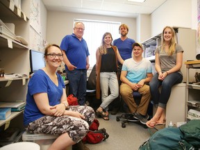 Jack Parker with his team, geologists Seamus Magnus and Laura Ratcliffe, along with students Haley Aldred of Carlton University, Lucas Wolfe of University of Ottawa and Mallory Metcalf of Queen's University, at the Willet Green Miller Centre in Sudbury, Ont. Gino Donato/Sudbury Star/Postmedia Network