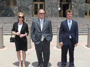 (L-R) Kathy Hilton, Richard Hilton and Conrad Hilton attend court on June 16, 2015 for Conrad Hilton's sentencing after causing a disturbance aboard an international flight  in Los Angeles, California. Hilton was sentenced to community service and three years of probation. Conrad Hilton has been sentenced to two months in prison on Monday after he was kicked out of a substance abuse program. David Buchan/Getty Images/AFP