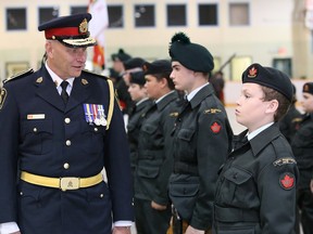 Greater Sudbury Police Chief Paul Pedersen, left, inspects cadets at the 2915 Second Battalion Irish Regiment of Canada Royal Canadian Army Cadet Corps annual inspection at the arena in Capreol on Saturday. John Lappa/Sudbury Star/Postmedia Network