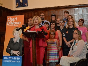 Cheri DiNovo announces her unofficially candidacy for the federal NDP leadership at Roncesvalles United Church on June 7, 2016. (Aaron D'Andrea/Toronto Sun)
