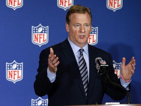 NFL commissioner Roger Goodell answers reporter’s questions following a vote that awarded the Super Bowl to Atlanta (2019), Miami (2020) and Los Angeles (2021) at the NFL owner’s meeting in Charlotte N.C., Tuesday, May 24, 2016. (AP Photo/Bob Leverone)