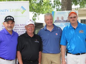 Samantha Reed/The Intelligencer
Mayors Taso Christopher of Belleville, Robert Quaiff of Prince Edward County, 8 Wing CFB Trenton Commander Colonel Colin Keiver and Warden Rick Phillips of Hastings County (left to right) took to the Trillium Wood Golf Club fairways for another year to compete in the Annual Mayors’ Challenge Charity Golf Tournament Tuesday afternoon. Proceeds go to Community Living Belleville and Area.