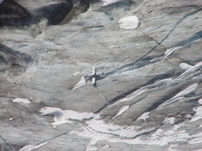 Vern Hannah's single-engine Beechcraft Musketeer airplane is shown after landing on a glacier south of Whistler, B.C. on Sunday, June 5, 2016 in a Royal Canadian Air Force handout photo. THE CANADIAN PRESS/HO Royal Canadian Air Force