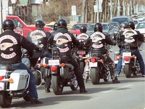 Members of the Hells Angels biker gang leave a funeral in Edmonton. (Dan Riedlhuber, Postmedia)