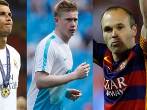 Portugal's Cristiano Ronaldo, Belgium's Kevin De Bruyne and Spain's Andres Iniesta. (Getty Images)