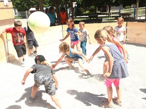 The kindergarten class at St. James Catholic School participating in a friendly game of Gaga.(Shaun Gregory/Huron Expositor)