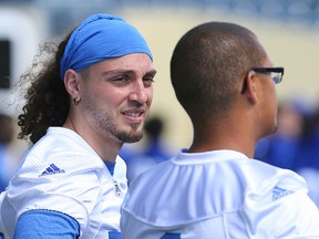 Winnipeg Blue Bombers punter Billy Pavopoulos (left) chats with kicker Justin Medlock. (Brian Donogh/Winnipeg Sun)