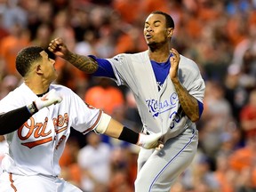 Orioles third baseman Manny Machado (left) and Royals pitcher Yordano Ventura (right) fight in the fifth inning during MLB in Baltimore on Tuesday, June 7, 2016. Machado and Ventura were ejected from the game. (Patrick McDermott/Getty Images/AFP)