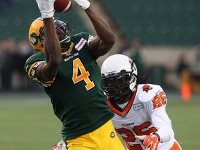 Cord Parks, shown here going in for the tackle on Adarius Bowman during a game in Edmonton in 2014, is vying for a spot in the Eskimos defensive backfield. (David Bloom)