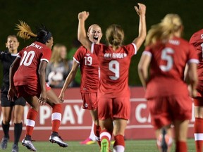 Canada's Janine Beckie (19) celebrates her game winning goal against Brazil on June 7 at TD Place. (THE CANADIAN PRESS/Sean Kilpatrick)
