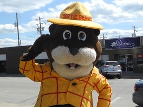 Bertie Beaver, a mascot for Alberta Agriculture and Forestry, stands outside the organization’s station for the Amazing Race Whitecourt.