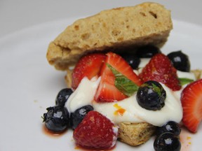 Cinnamon Biscuit Berry Shortcakes are shown in a June 1, 2016 photo in Coronado, Calif. This recipe includes a little extra fiber and protein by subbing out half the white flour with whole wheat flour. (Melissa d'Arabian)