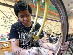 Summer student Paolo Blanco cleans the front wheel of a bike at Cycle Kingston's Gear Up bicycle recycling store. (Elliot Ferguson/The Whig-Standard)
