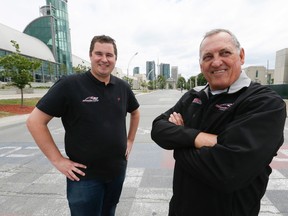 Honda Indy president Jeff Atkinson and director of operations Jim Tario stand where the start/finish line will be for this summer's Toronto race. (Stan Behal/Toronto Sun)