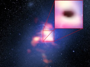 Composite image of?Abell 2597 Brightest Cluster Galaxy. The background image (blue) is from the Hubble Space Telescope. The foreground (red) is ALMA data showing the distribution of carbon monoxide gas in and around the galaxy. The pull-out box is the ALMA data of the "shadow" (black) produced by absorption of the millimeter-wavelength light emitted by electrons whizzing around powerful magnetic fields generated by the galaxy's supermassive black hole. The shadow indicates that cold clouds of molecular gas are raining in o n the black hole. The team that made the discovery include two Winnipeg-based University of Manitoba professors. Credit: B. Saxton (NRAO/AUI/NSF); G. Tremblay et al.; NASA/ESA Hubble; ALMA (ESO/NAOJ/NRAO)