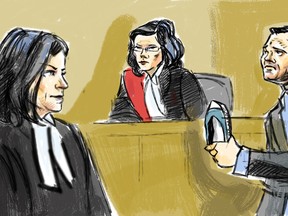 Brian Way with Crown Jennifer Strasberg and Justice Julie Thorburn (Sketch from Marianne Boucher courtesy Citynews)