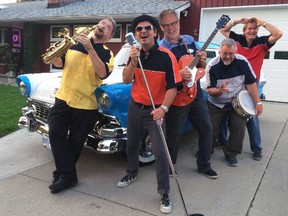 Frankie and the Fairlanes members Daryn Bee, left, Michael 'Frankie' Lambert, Rod Heikilla, Gord Sackville and Gary Robb will be bringing their brand of 1950s funk to Faith Church June 18 for the Rockin' for Refugees community fundraiser. The afternoon concert is raising money for Unite for Refugees -- a community organization that supports newcomers in Elgin county.