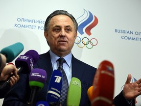 Russia's Sports Minister Vitaly Mutko addressing the media within the election of a new chief of Russia's athletics federation (ARAF) in Moscow.  (AFP PHOTO/VASILY MAXIMOV)