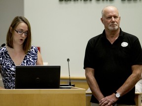 President of the Oxford Environmental Action Committee Suzanne Crellin and acting president of Transition to Less Waste Mike Farlow (from left to right) address Oxford County council to show support for the amendments to the official plan that would greatly affect waste management and the creation of new landfills within the county, at Wednesday's meeting. (BRUCE CHESSELL/Sentinel-Review)