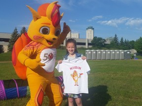 The 2017 Canada Games announced on Thursday that the name of its mascot would be Niibin. Here, the mascot is pictured with Winnipegger Taylor Schepp, who suggested the name. (2017 CANADA GAMES TWITTER PIC)