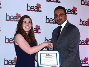 Brian Nuttall/Broadcast Educators Association of Canada
Jessica Baldwin, a second-year Loyalist College Broadcasting - Radio student was presented with the Broadcast Educators Association of Canada's (BEAC) President's Award in the audio category by BEAC board of directors president/Western director Ashif Jivraj, BCIT.