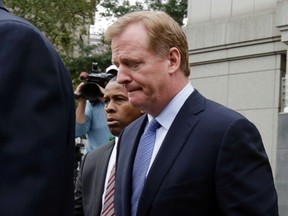 In this Aug. 31, 2015, file photo, NFL Commissioner Roger Goodell leaves Federal court in New York.  (AP Photo/Richard Drew, File)