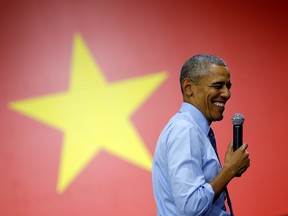 U.S. President Barack Obama reacts as he attends a town hall meeting with members of the Young Southeast Asian Leaders Initiative (YSEALI) at the GEM Center in Ho Chi Minh City, Vietnam, May 25, 2016. REUTERS/Carlos Barria
