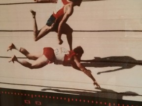 A rare photo of London-born Olympian Jeff Glass diving for the finish line in a semi-final heat of the men’s 110m hurdles at the 1984 Olympics in Los Angeles.  Glass, who qualified for the final heat of his event that year, is being inducted into the London Sports Hall of Fame. (Photo submitted)