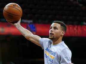 Golden State Warriors guard Stephen Curry shoots during practice Thursday ahead of Game 4 of the NBA finals against the Cleveland Cavaliers. (AP Photo/Paul Sancya)
