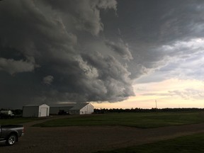A tornado warning was issued at 5:59 p.m. Thursday for areas in western Manitoba. (ANDREA MOFFATT TWITTER PHOTO)
