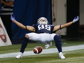 Spencer Watt celebrates a touchdown as the Toronto Argonauts beat the Winnipeg Blue Bombers in CFL action at the Rogers Centre in Toronto on Aug. 12, 2014. (Stan Behal/Toronto Sun)