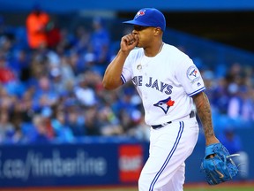 Blue Jays starter Marcus Stroman gets the ball back after allowing a third run to score in third inning against the Orioles in Toronto on Thursday, June 9, 2016. (Dave Abel/Toronto Sun)