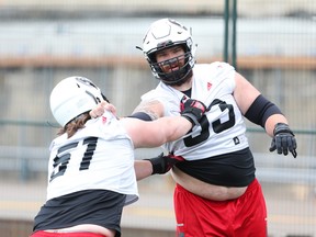 Redblacks offensive lineman Matt Albright (right) battles teammate Aaron Wheaton during training camp (Jean Levac, Postmedia Network)