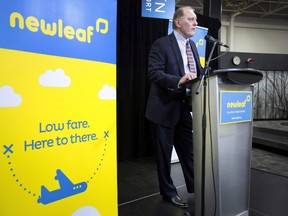 Dean Dacko, Chief Commercial Officer of NewLeaf Travel, speaks at a press conference earlier this year announcing the launch of NewLeaf Travel. (THE CANADIAN PRESS/Peter Power file photo)